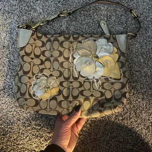 Coach Brown and Gold Floral Shoulder Bag